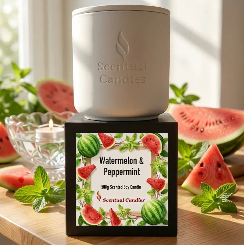 Watermelon and Peppermint Candle in a decorative soy candle holder with a vibrant label and fresh fruit design.
