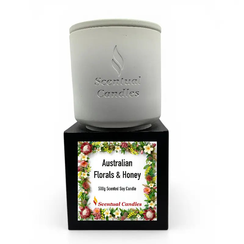 Australian Florals and Honey scented soy candle with floral label
