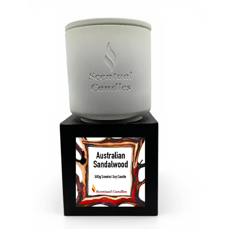 Australian Sandalwood Candle in elegant packaging with rich, woody aroma