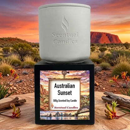 Australian Sunset scented soy candle displayed against a scenic Australian landscape background.