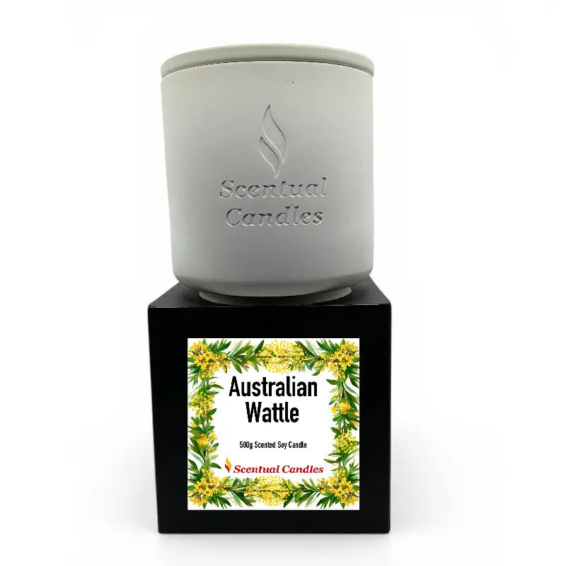 Australian Wattle Scented soy candle with floral design on black box