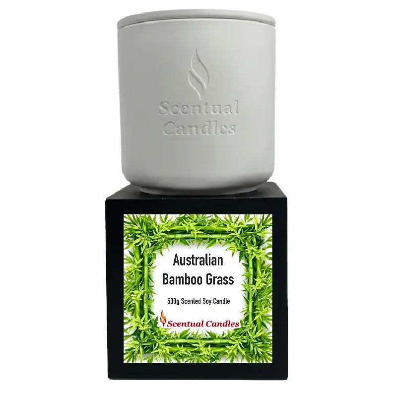 Bamboo Grass Scented Soy Candle in a sleek container showcasing Australian Bamboo Grass fragrance.