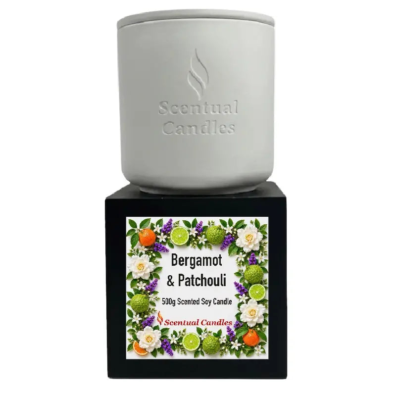Bergamot Candle with Patchouli in a decorative container, showcasing floral and citrus designs, 500g scented soy candle