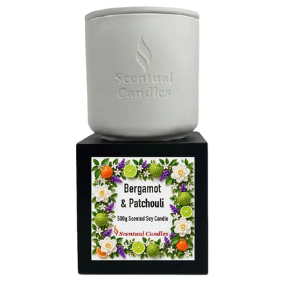 Bergamot Candle with Patchouli in a decorative container, showcasing floral and citrus designs, 500g scented soy candle