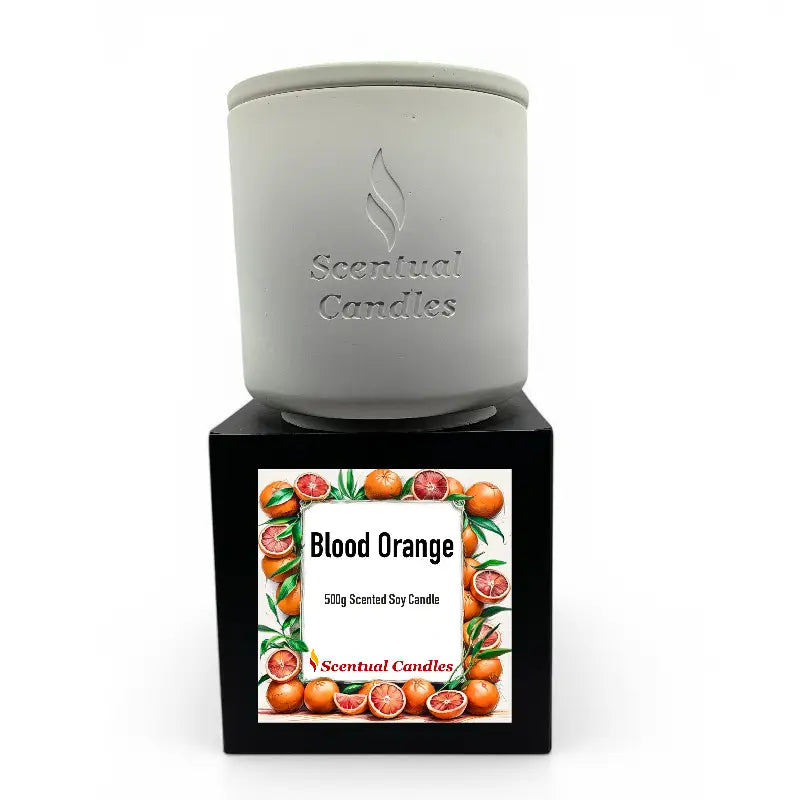 Blood Orange Candle in a decorative container with citrus-themed label. Invigorating aroma of blood orange, bergamot, and lemon zest.