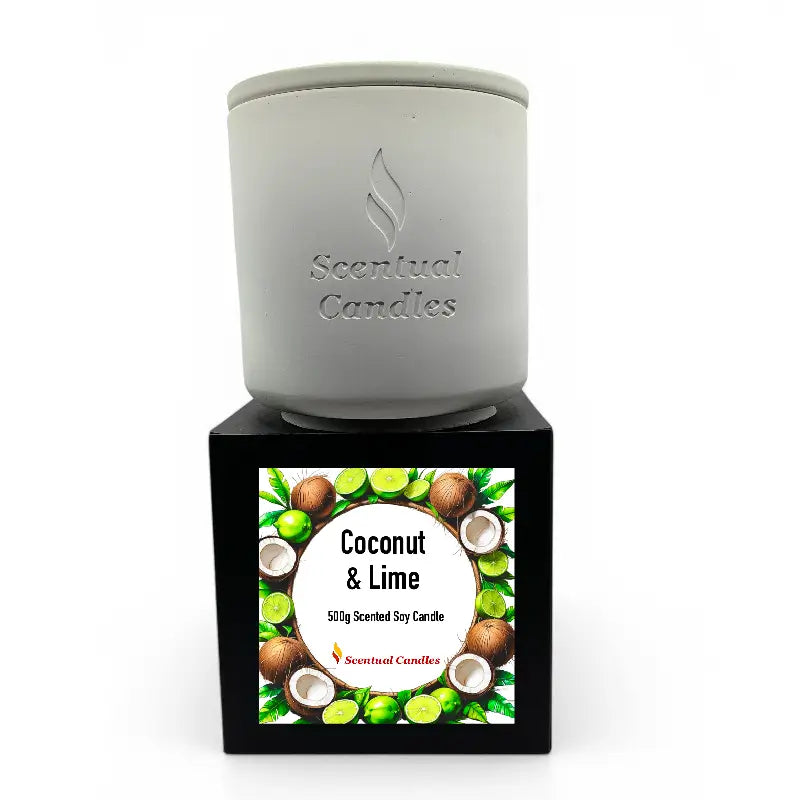 Scented Coconut and Lime Candle in stylish white jar, 50g soy, fresh tropical aroma for home decor.