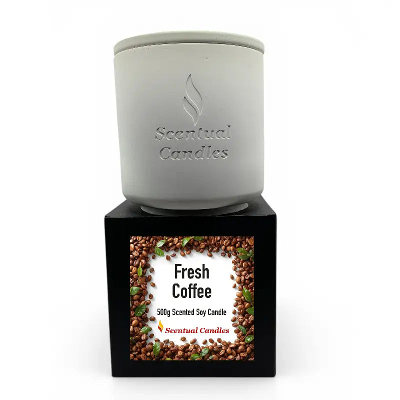 Coffee Scented Candle Dark Roast Blend in a stylish glass jar with coffee bean design, perfect for creating an inviting ambiance.