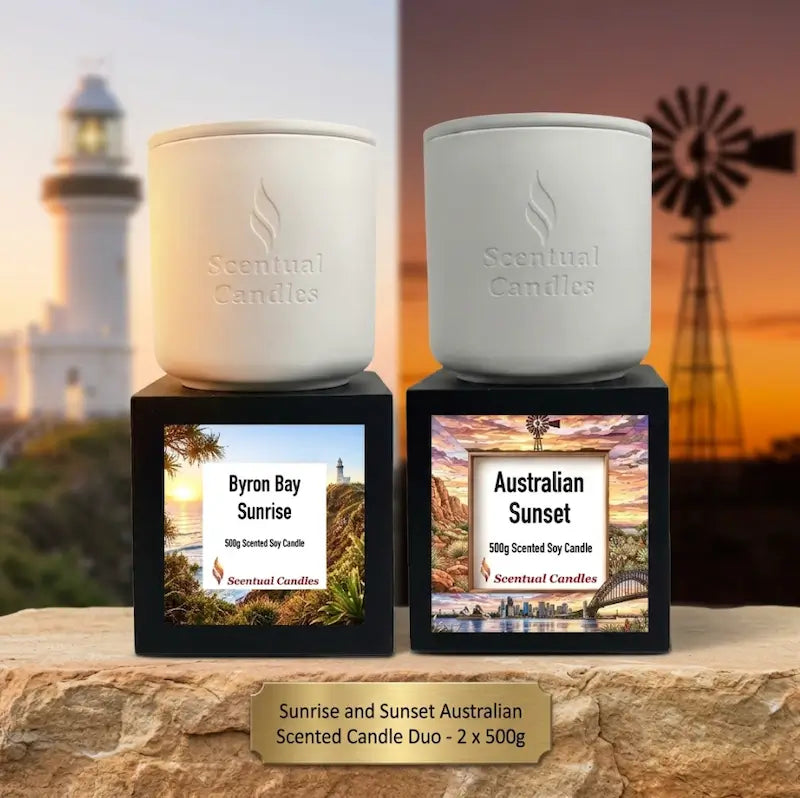 Sunrise and Sunset Australian Scented Candle Duo featuring Byron Bay Sunrise and Australian Sunset candles.