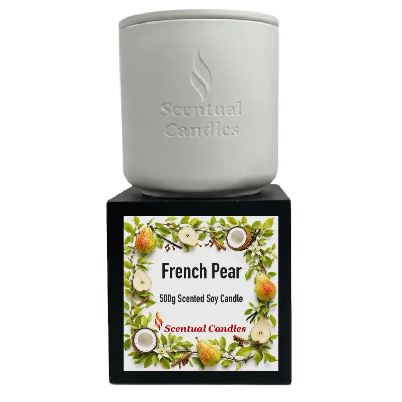 French Pear Candle in a white container, surrounded by pear graphics, showcasing its scent and style.