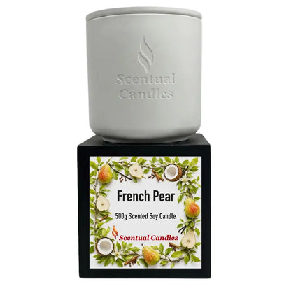 French Pear Candle in a white container, surrounded by pear graphics, showcasing its scent and style.