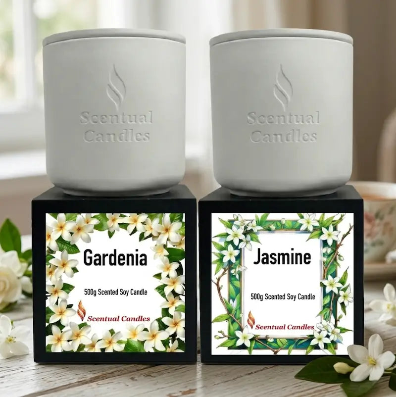 Jasmine Gardenia Candle Set featuring Jasmine and Gardenia scented soy candles in elegant containers.