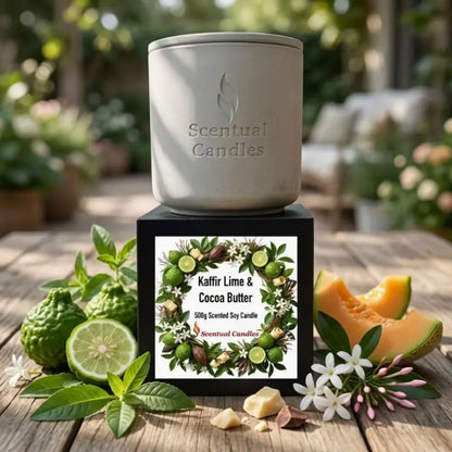 Kaffir Lime and Cocoa Butter Candle with decorative packaging and fresh ingredients on display.