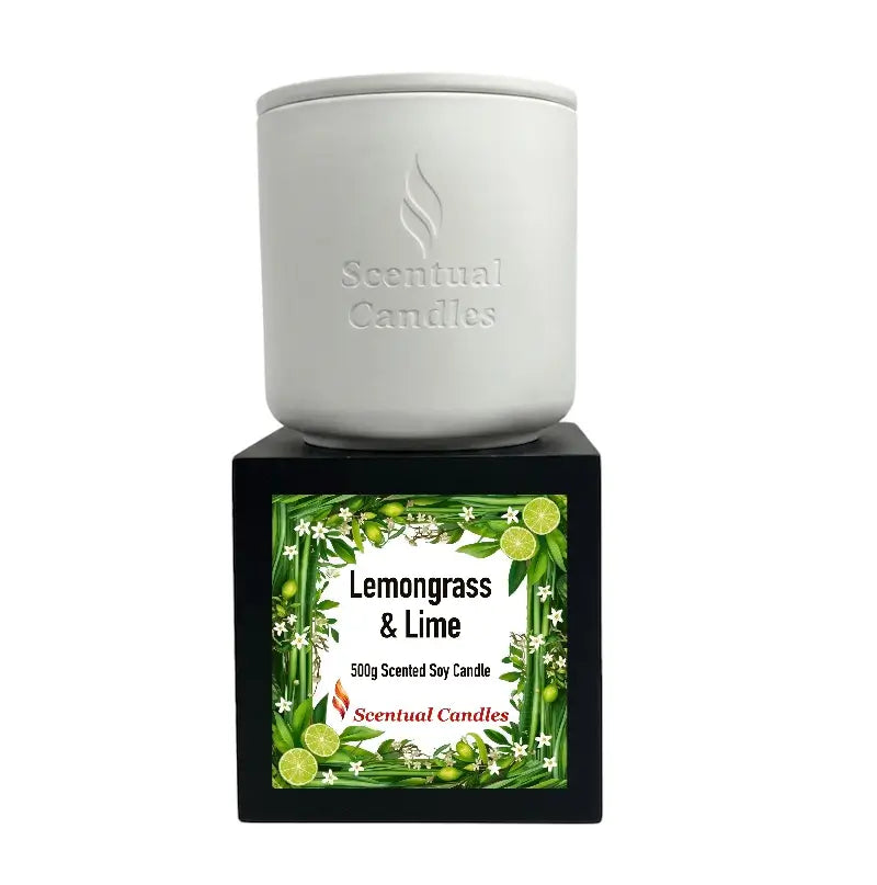 Lemongrass Candle with Lime and Jasmine in a white holder, showcasing Scentual Candles branding.