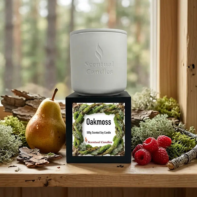 Oakmoss Candle - 500g scented soy candle displayed on a rustic shelf with pear and moss.