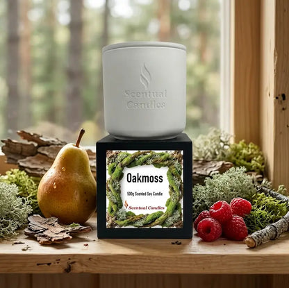 Oakmoss Candle - 500g scented soy candle displayed on a rustic shelf with pear and moss.