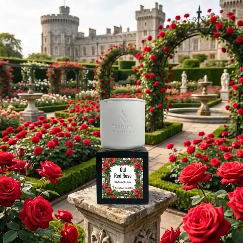 Rose Candle in a garden surrounded by red roses, featuring the Old Red Rose scent from Scentmini Candles.