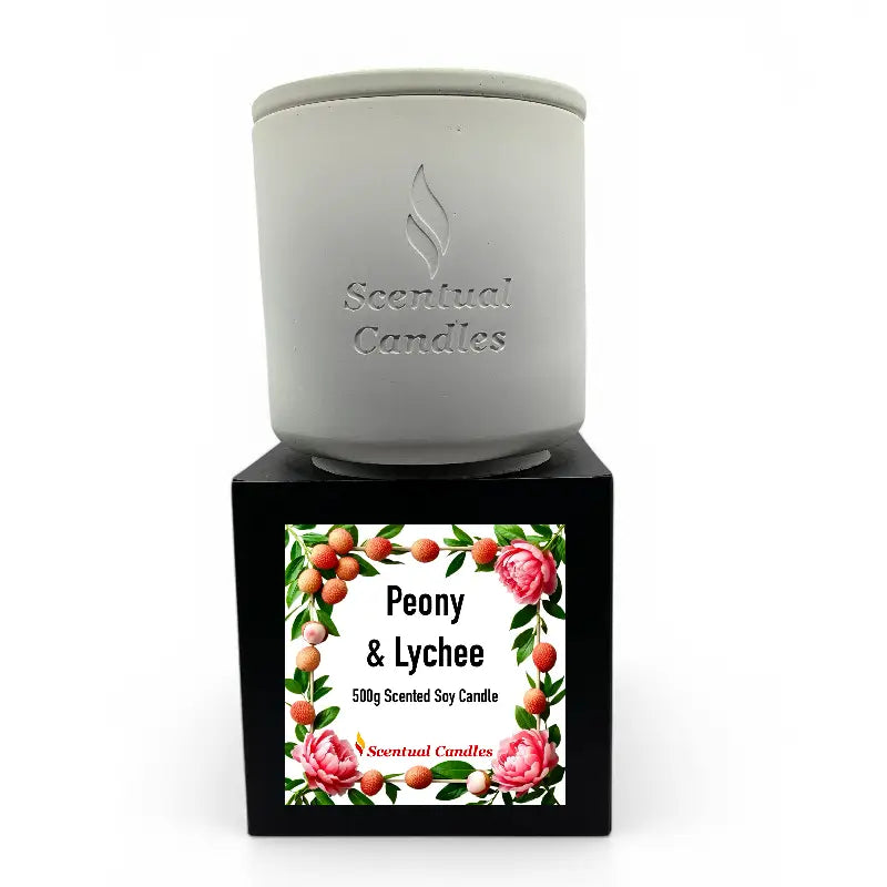 Lychee Scented Candle with peony and raspberries in elegant packaging