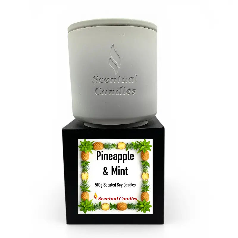 Pineapple and Mint Scented Soy Candle in white jar with tropical decorative box