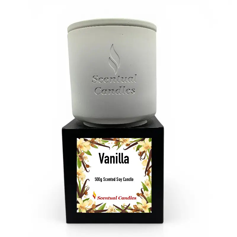 Vanilla Scented Candle - Creamy and luxurious soy candle with floral packaging, perfect for a comforting and serene atmosphere.