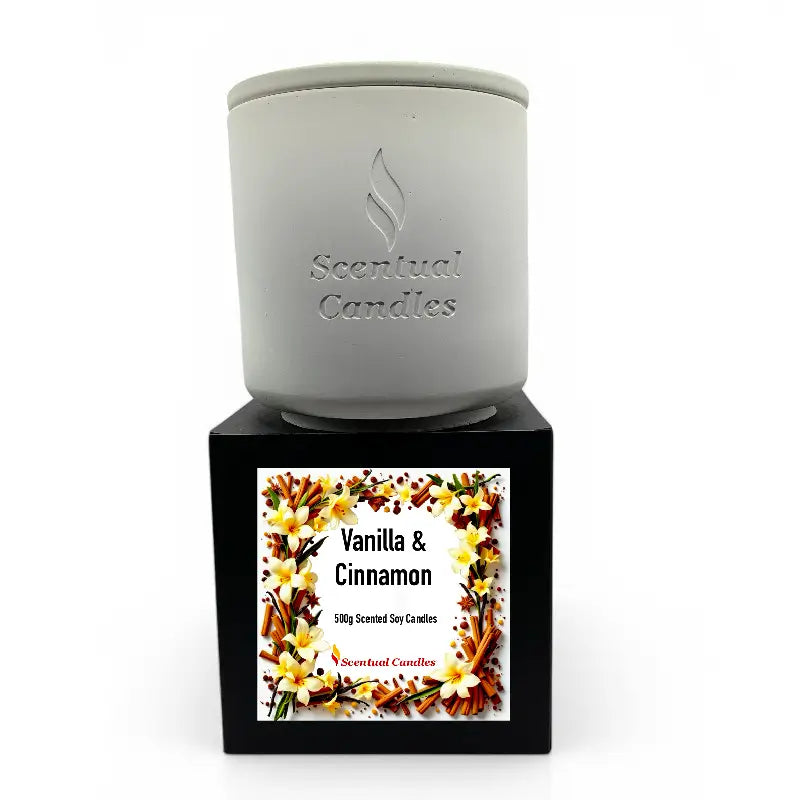 Vanilla and Cinnamon Candle - Scented soy candle with vanilla and spice aroma in elegant jar on display box.