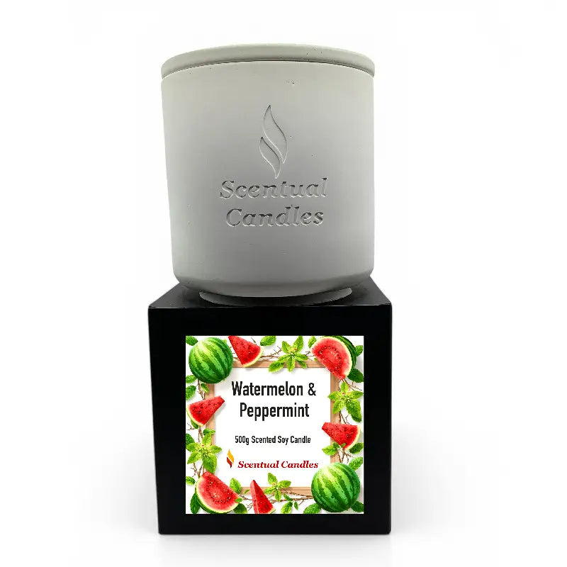 Watermelon and Peppermint Candle in decorative jar, featuring fresh watermelon and peppermint illustrations.