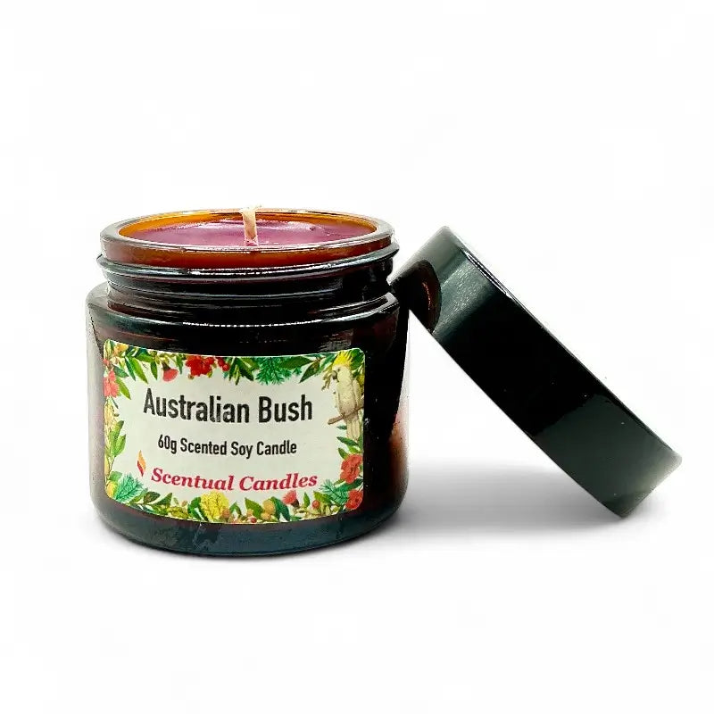Australian Bush Candle jar with eucalyptus, lemon myrtle, and pine aroma, lid open, 60g soy candle