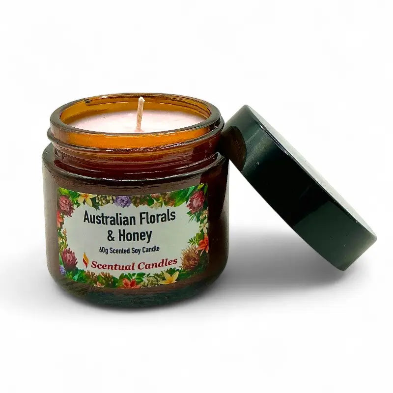 Scentual candles jar labeled 'Australian Florals & Honey' on a white background