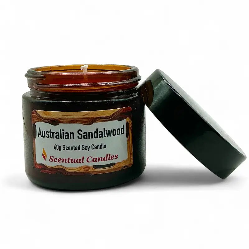 Scentual Candles Australian Sandalwood candle with open lid on a white background