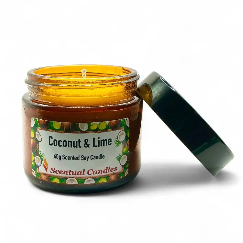 Coconut and Lime candle in a jar with a label on a white background