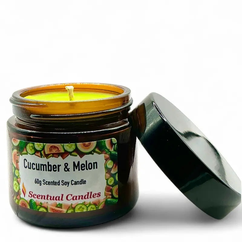 Cucumber and Melon scented candle in a jar with a label on a white background