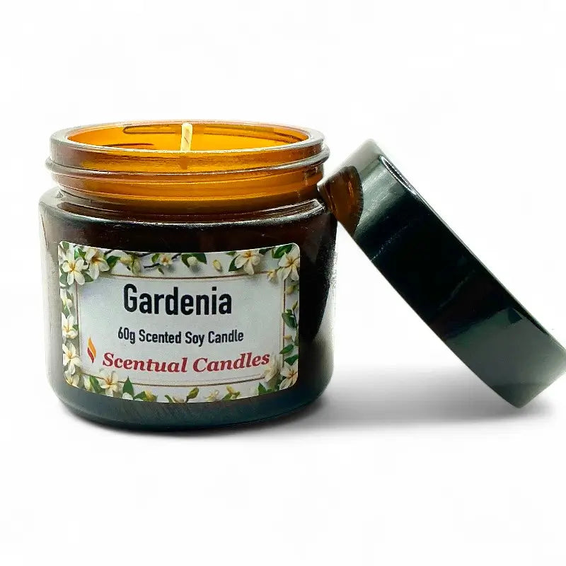 Gardenia Candle - Scented soy floral candle in a glass jar with lid