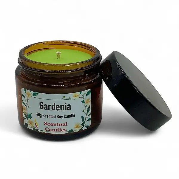 Scentual Candles Gardenia scented soy candle in an amber jar with a black lid on a white background