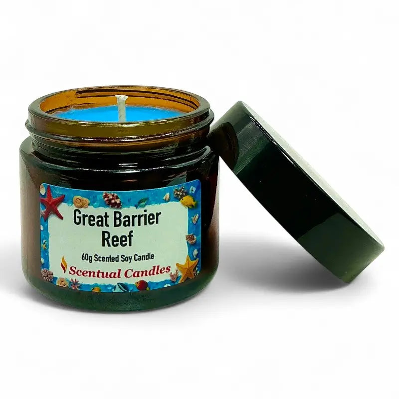 Tropical Scented Candle Great Barrier Reef in a jar with ocean-themed label and blue wax.