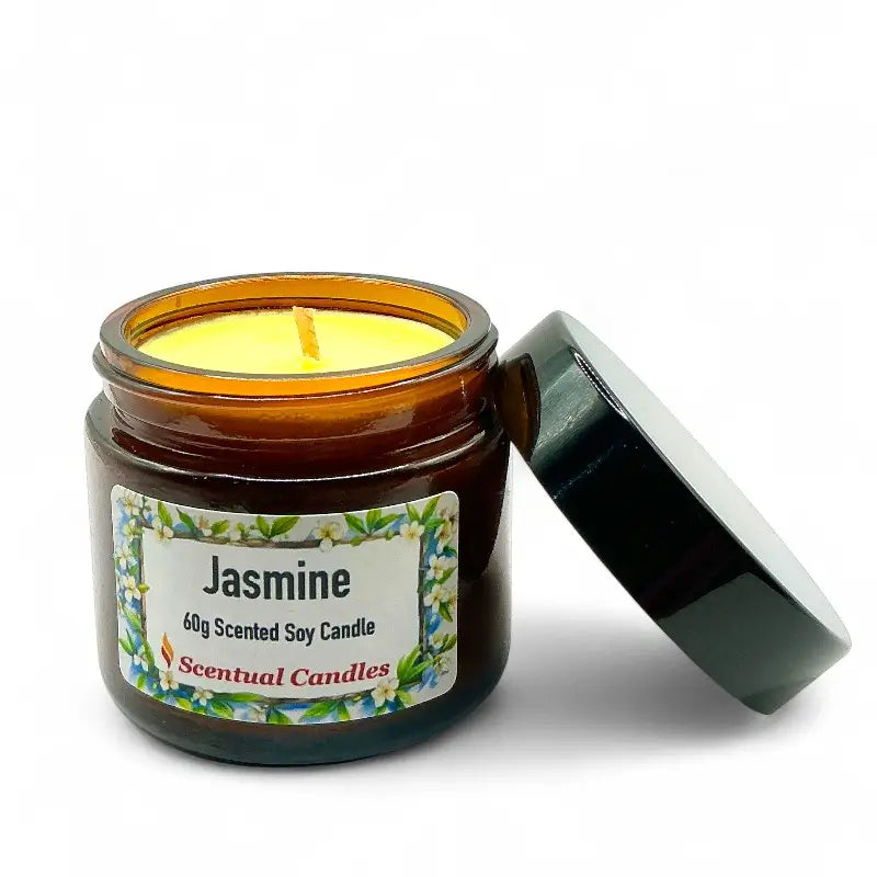 Jasmine Candle - Scented Soy Floral with open lid in amber jar