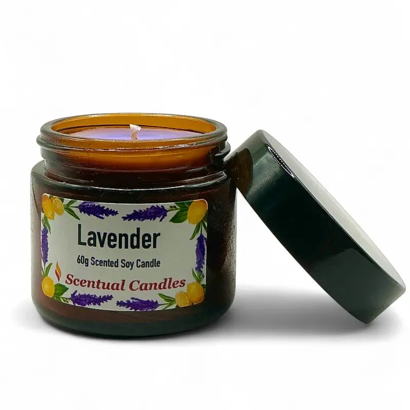 Lavender candle in a jar with a label on a white background