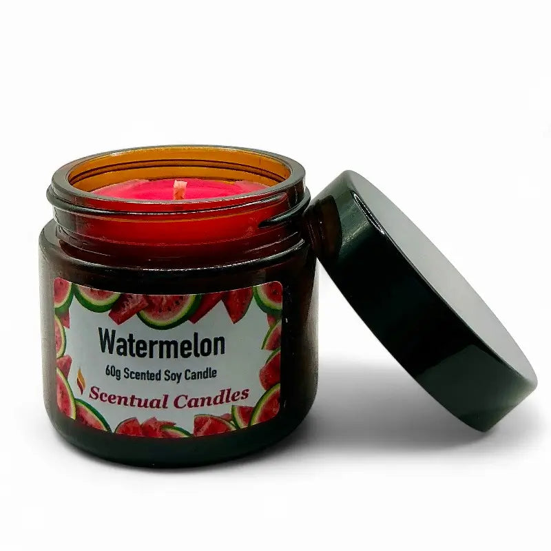 Scentual Candles watermelon candle jar with label on a white background