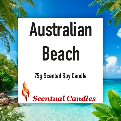 Scented Candle Trio - Australian Beach 75g scented soy candle from Scentual Candles with a tropical beach background.