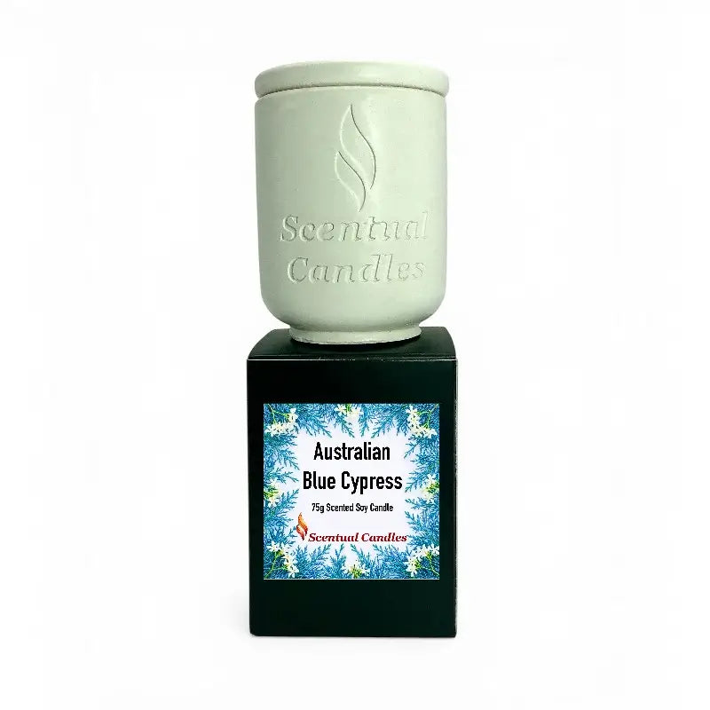 Australian Blue Cypress Candle with decorative packaging, showcasing its unique scent and design.