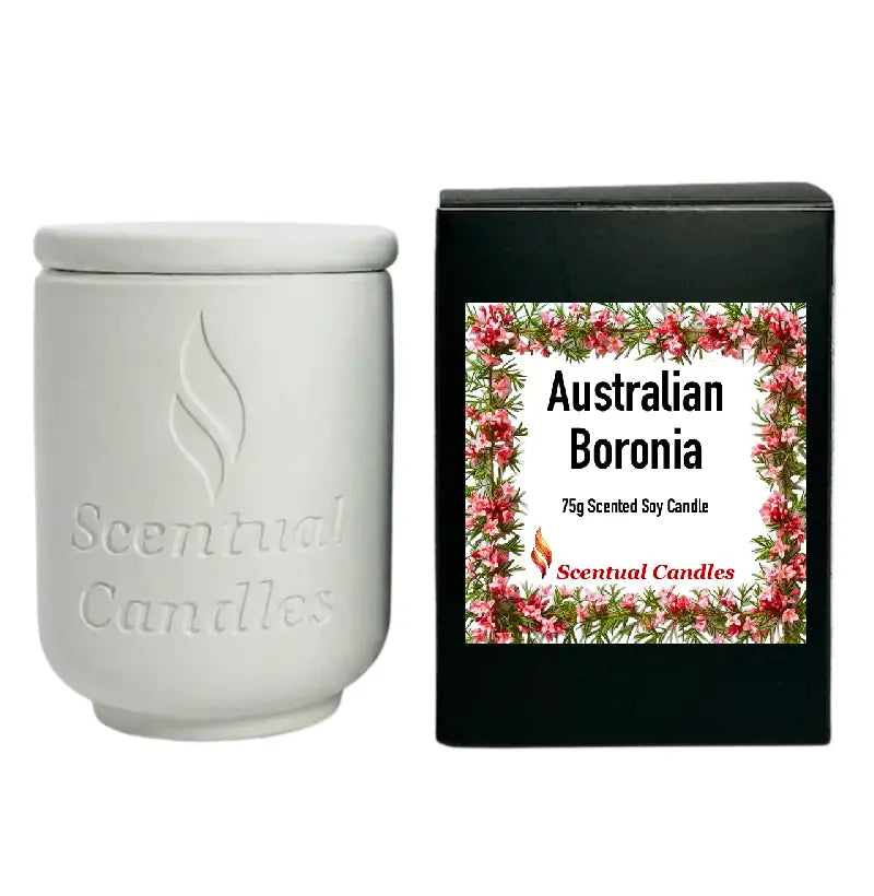 Scented Soy Candle - Australian Boronia in a ceramic jar with floral-themed packaging by Scentual Candles.