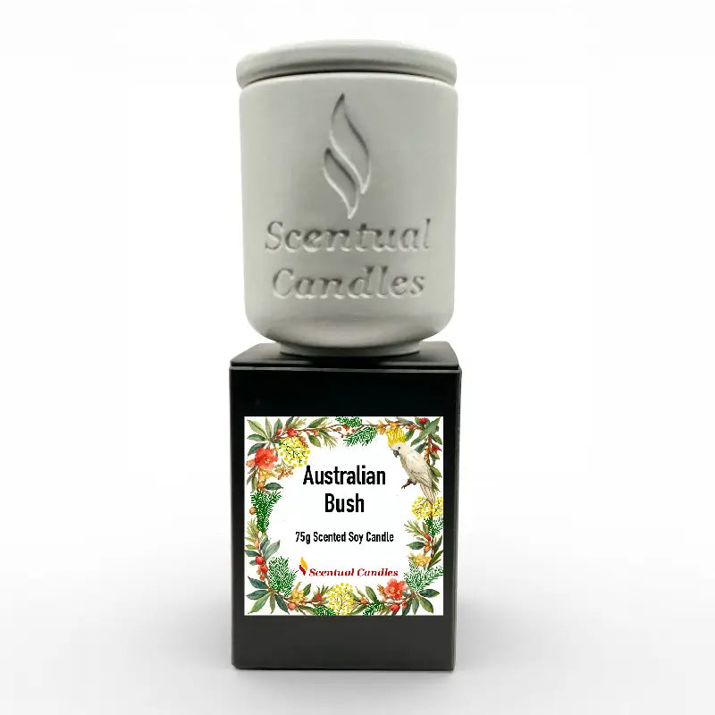 Australiana Candle Set featuring Australian Bush scented soy candle, 75g with floral box design, captures the essence of Australia.