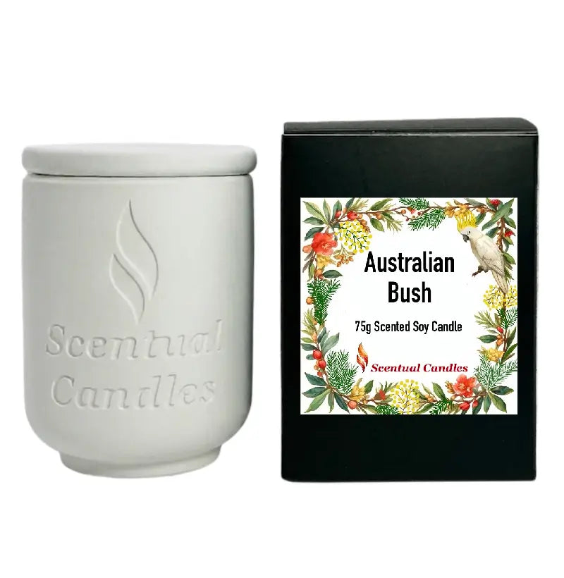 Australian Bush Candle in a white jar and decorative box with floral design, 75g scented soy candle.