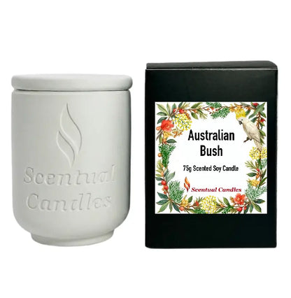 Australian Bush Candle in a white jar and decorative box with floral design, 75g scented soy candle.