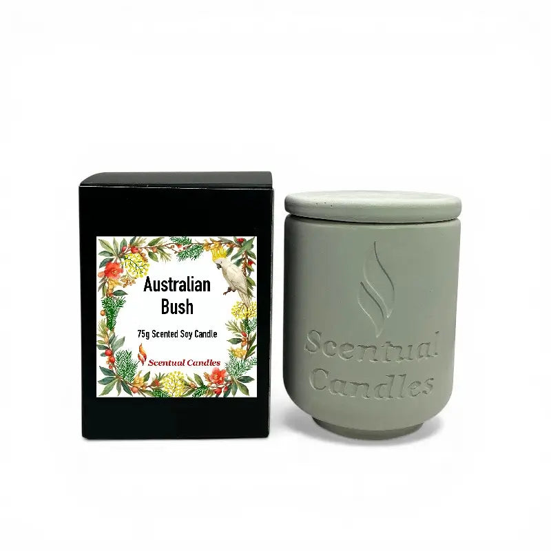 Australian Bush Candle in a grey jar with box packaging, offering eucalyptus, lemon myrtle, and pine scent.