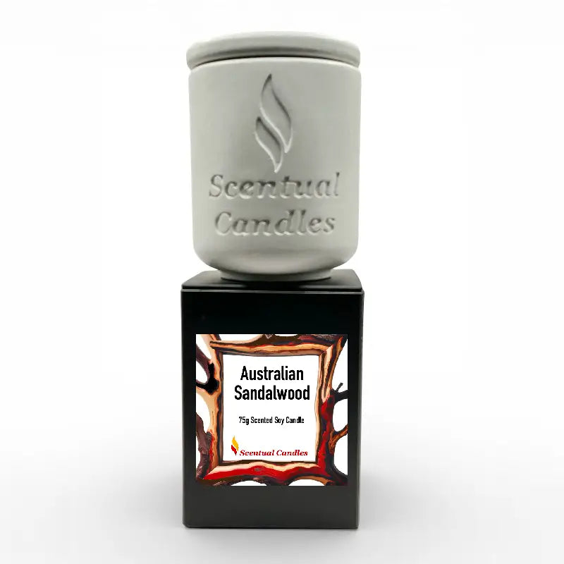 Australian Sandalwood Candle in a decorative jar with rich, woody aroma from Scentual Candles.