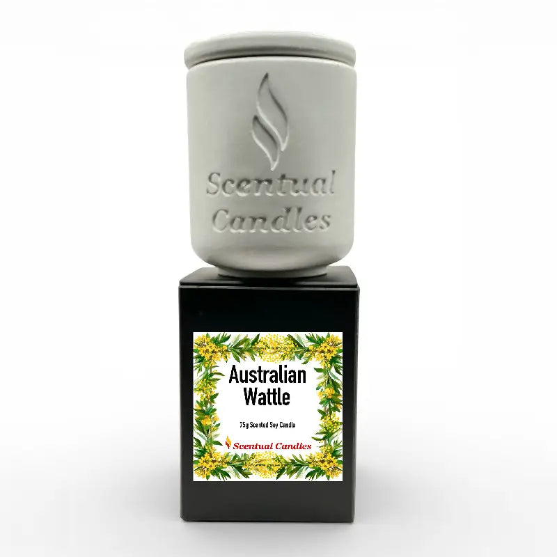 Australiana Candle Set displaying Australian Wattle scent in premium soy wax, part of 12 Australian scents collection.