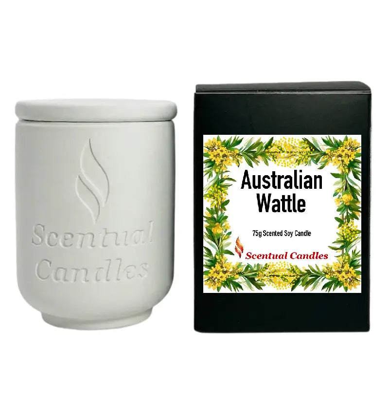 Australian Wattle Scented Soy Candle in white jar and decorative box showcasing floral design.