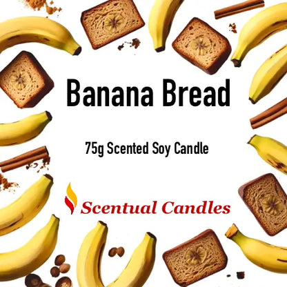 Mini Candles Set - Banana Bread 75g Scented Soy Candle with banana slices and bread illustrations by Scentual Candles.
