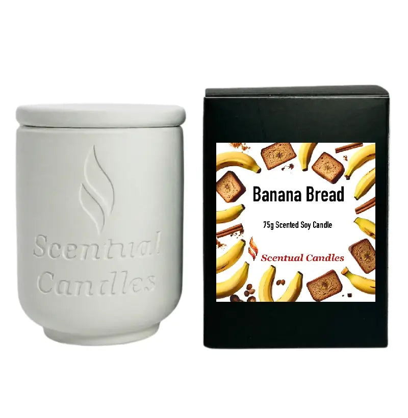 Banana Bread Candle in a white jar with packaging featuring banana and bread illustrations.