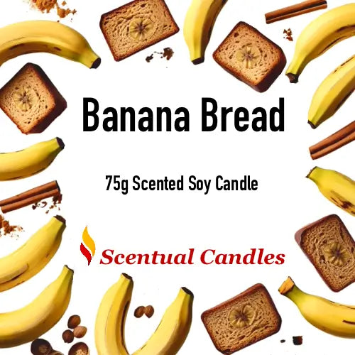 Warm and Spicy Scented Candles set featuring Banana Bread 75g soy candle with bananas and cinnamon imagery for cozy scent appeal.