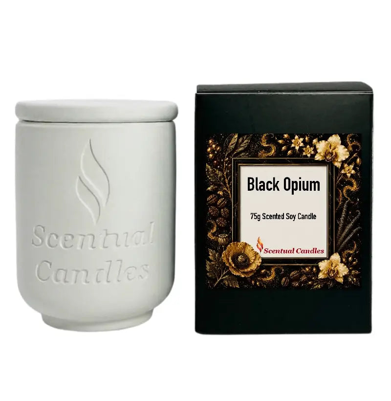 Black Opium Candle in white jar with black packaging, 75g scented soy candle from Scentual Candles.